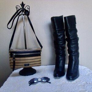 Matisse Boots Tall Black Leather Slip-On Heeled Boots Buckle Detail 6.5 M